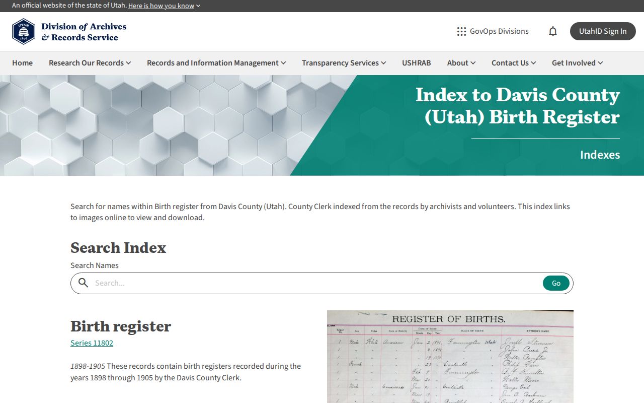 Farmington people search in the historic Davis County birth index