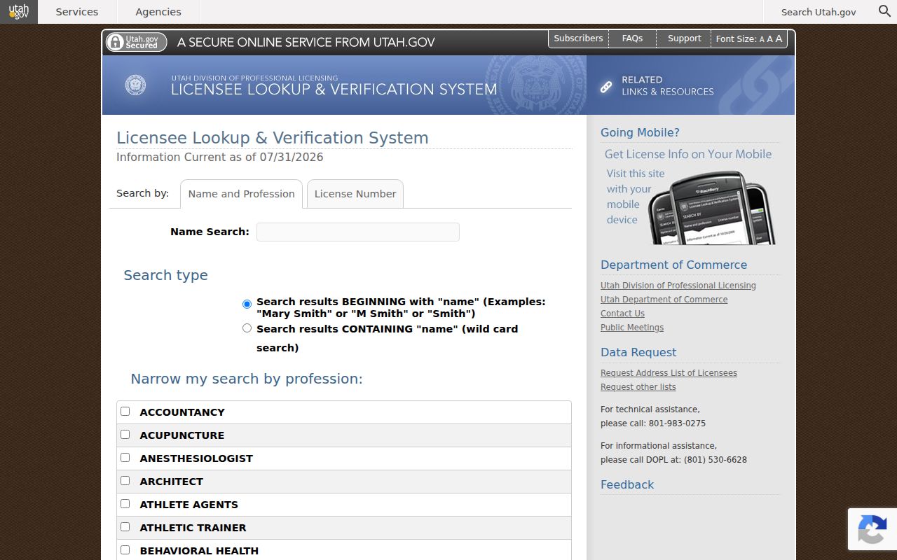Farmington people search using Utah professional license records