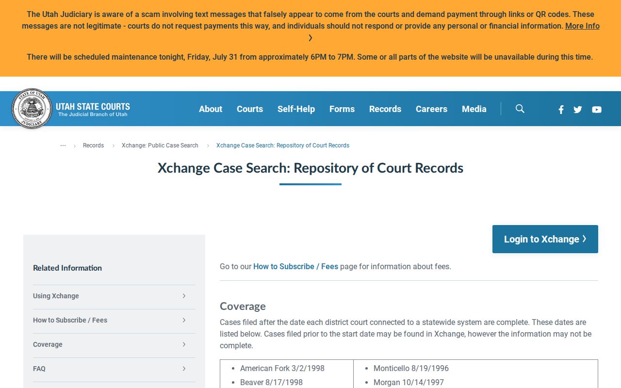 Farmington public records coverage dates in Utah Courts Xchange